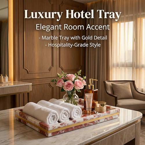 Red Marble Tray 12" x 8", Gold Edge Stone Vanity Organizer | Genuine Red Marble, Gold-Toned Edge, 12 x 8 Inch, for Perfume and Jewelry, on Bathroom Vanity and Dresser - color: Red