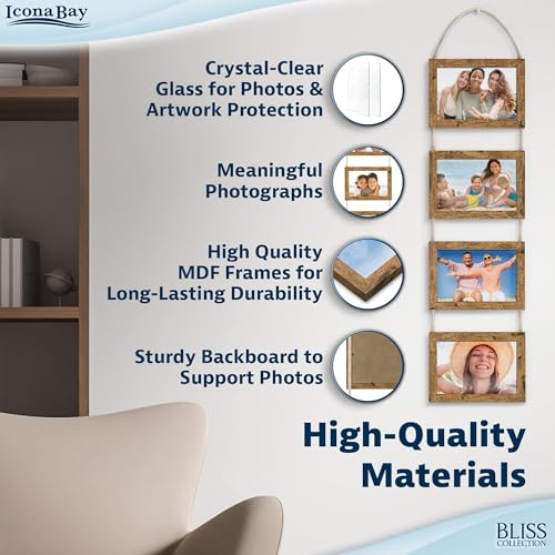 4x6 Wall Hanging Picture Frames Collage with 4 Openings - Rustic Brown - Casual Style Engineered Wood Frames - Wall Mount Only - Bliss Collection - color: Rustic Brown, size: 4x6