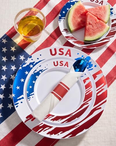 350 Piece 4th of July Red Blue Plastic Dinnerware Set | Disposable Dinnerware Includes: 100 Plates, 50 Pre Rolled Napkins with Silverware, 50 Cups - color: Blue, style: 350 Piece (50 guests)