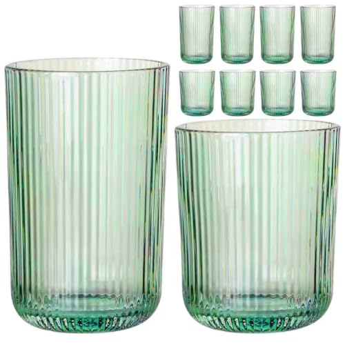 Set of 8 Green Ribbed Drinking Glasses,4 Highball Glasses 13.2oz & 4 Rocks Glasses 8.5oz,Vintage Colored Glassware for Water, Juice, Iced Coffee, Cocktails, Housewarming Christmas Gift - color: Green