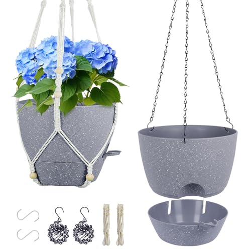 Meowell Self Watering Hanging Planters 10 inch, 2 Pack Hanging Flower Pots for Indoor Outdoor Plants, Hanging Baskets with Drainage Holes & 2 Kinds of Plant Hangers for Garden Decor, Speckled Grey - color: Grey With White Speckles