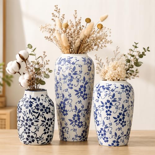 LemonRoad 3 Pack Chinoiserie Vases Porcelain Blue and White Vases for Flowers Pottery Chinoiserie Ceramic Vase for Living Room Mother's Day Decor Table Centerpiece, 6.9", 8.7", 11.8"(Rustic) - style: Rustic
