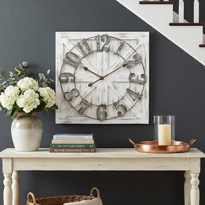 24 Inch Large Farmhouse Wall Clock, Rustic White Distressed Wood Frame with X-Brace Barn Door Backing, Silent Non-Ticking Quartz Movement,for Living Room, Fireplace, Entryway, or Dining Room - color: White