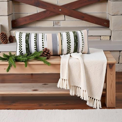Dark Green Boho Lumbar Throw Pillow Cover 14x36 | 1 Piece,Durable Fabric,Stripe Pillow Cover,Farmhouse Cushion Case,Chenille Pillow Case,Neutral Pillowcase for Sofa Couch Bed - color: Dark Green Stripe, size: 36" x 14" (Pack of 1)