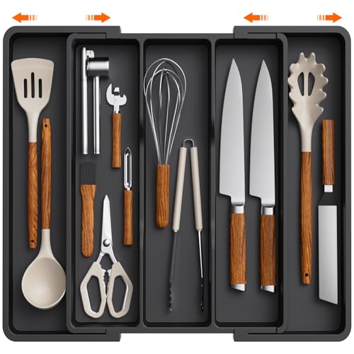 Lifewit Utensil Organizer for Kitchen Drawers, Expandable Utensil Tray | Adjustable Cooking Cutlery Silverware Flatware Holder, Plastic Spatula Tools Storage Divider, 13-22 x 15", Black - color: Black, size: Large(13-22''W x 15"D)