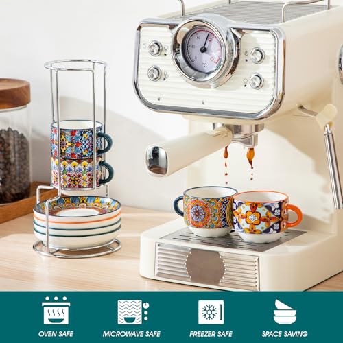 vancasso 2.5 Oz Stackable Espresso Cup Set of 4, Ceramic with Saucers | Microwave and Dishwasher Safe, Easy Clean, For Cappuccino, Tea, Latte, and Espresso, Bohemian Design with Metal Display Stand - size: 2.5 Oz