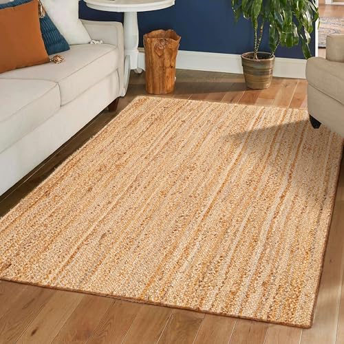 Hausattire Jute Braided Area Rug, Natural, 4x6 ft | 100% natural jute, hand woven, reversible, boho farmhouse style, kitchen/living room, indoor/outdoor - color: Natural, size: 4' x 6' (Rectangular)