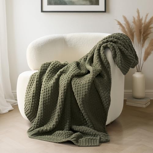 EVERGRACEHOME Chunky Chenille Knit Throw Blanket, 60 x 80, Olive Green | Sculpted Moss Stitch, Chic Modern Farmhouse, All-Season Warmth, OEKO-TEX® Certified, Elegant Blanket for Couch, Bed, Sofa - color: Olive Green, size: 60" X 80"