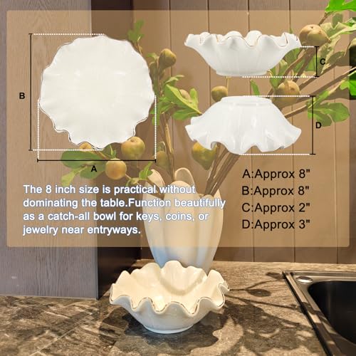 8 Inch Small Lotus Ceramic Decorative Bowl, about15 oz Capacity, Modern Ruffle Lotus Leaf with Gold TrimDesign,Decorative Centerpiece for Entryway Tables, Coffee Tables,Kitchen Counters - size: 8"