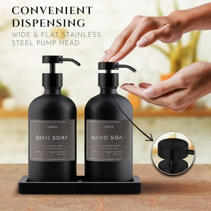 Glass Soap Dispenser Set of 2 (Black) with Silicone Tray | Hand and Dish Soap Dispenser for Kitchen and Bathroom | 16.8 Oz Glass Bottles with Stainless Steel Pump & 15 Waterproof Labels (Black) - color: Black