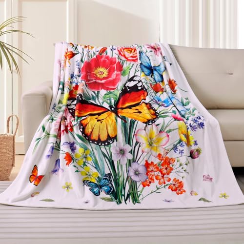 Floral Blanket Ultra Soft Butterfly Flowers Throw Blankets Wildflower Leaves Flannel Fleece Throw Watercolor Warm Cozy Fuzzy Plus Gift Cabin Blanket for Bed Sofa, 50" X 60" - color: Orange Butterlfy, size: 50"×60"