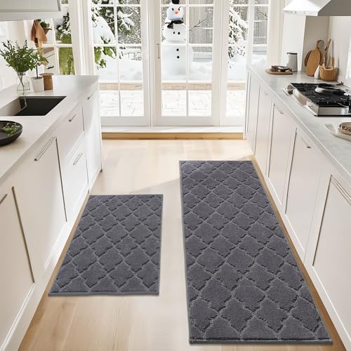 COSY HOMEER Soft Kitchen Rugs Set of 2 Non Slip 24"x35"+24"x60",Dark Grey | Absorbent Kitchen Mat for Floor,Non-Skid Standing Mat,Washable,Stain Resistant Kitchen Runner Rug for Sink,Area Rug,Entry - color: Dark Grey, size: 24 X 35 "+ 24 X 60 "