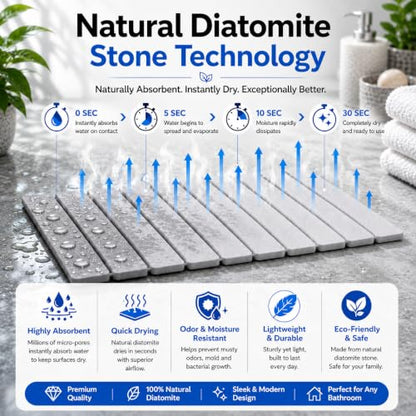 Diatomite Stone Bath Mat, Quick Drying, Foldable, Non Slip, 24x15.8", Grey