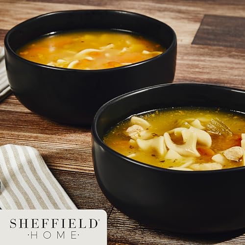 Sheffield Home Large Stoneware Cereal Bowls - Set of 6, 28oz Capacity - Dishwasher & Microwave Safe - 6" Diameter, Stylish & Functional for Everyday Use – Black - color: Black