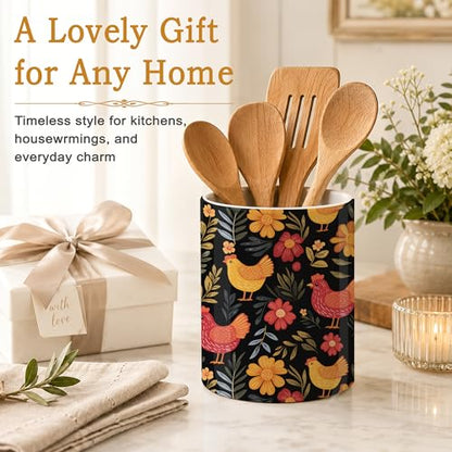 Rooster Hen Kitchen Utensil Holder,Flower Ceramic Utensil Crock for Countertop,Cooking Tools Storage jar for Spatulas and Spoons,Housewarming Gifts 6.3" - color: Rooster Hen Flower