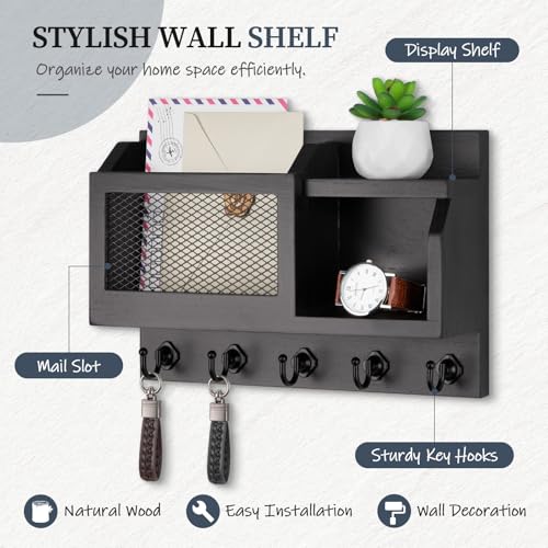 Nekon Key Holder Wall Mount with Mail Slot, 11.8" W x 7.5" H x 3.1" D Modern Farmhouse Key and Mail Organizer with 5 Hooks for Home Decor (Black)
