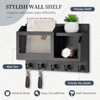 Nekon Key Holder Wall Mount with Mail Slot, 11.8" W x 7.5" H x 3.1" D Modern Farmhouse Key and Mail Organizer with 5 Hooks for Home Decor (Black)