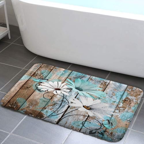 Farmhouse Floral Flower Bath Mat, Teal Daisy Rustic Wooden Plank Country Barn Wood Turquoise Blue Non-Slip Flannel Soft Doormat Floor Entryways Outdoor Indoor Front Door Mat,17X29 - color: Teal-01, size: 1'5" x 2'5" (Rectangular)