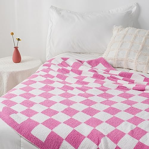 Carriediosa Checkered Throw Blanket 50x60, 400GSM Ultra Soft Microfiber | Hot Pink, Fuzzy Fluffy Cozy Plush Knit Knitted Plaid Checker, Lightweight Cute Preppy Fall Blankets & Throws for Couch, Bed - color: Check - Hot Pink, size: 50" X 60"