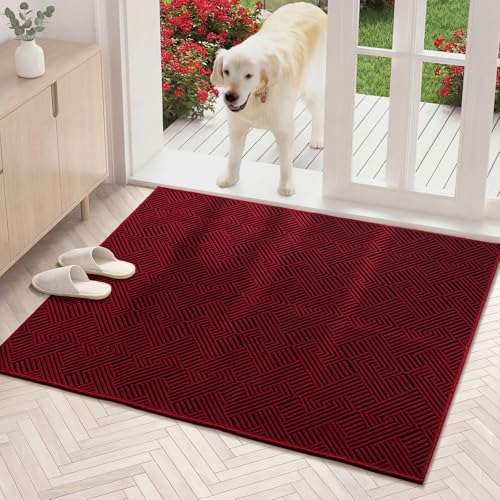 Dirt Trapper Door Mat 32" x 47", Non-Slip Washable Entrance Mat, Dirt Resistant and Absorbent Welcome Mat, Low Profile Floor Mat for Front/Back Door, Entryway, Red - color: Red, size: 32"x47" (Rectangular)