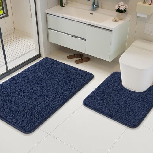 Bathroom Rug Sets 2 Piece, 20"x20" U-Shaped & 21"×34", Navy Blue | Toilet Mat Non Slip Bath Mats Floor Set, Washable Bath Rug Set, Absorbent Soft Bathroom Rug - color: Navy Blue