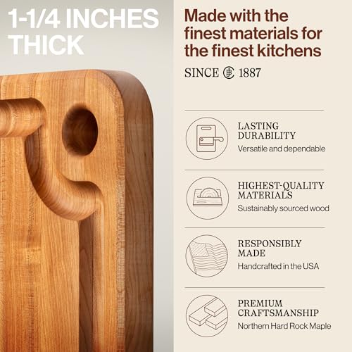 John Boos Prestige Series Rectangular Wooden Maple Cutting Board 22”x16” – 1.25” Thick, 13-lb Reversible Butcher Block with Juice Groove, Edge-Grain & Finger Grip Hole – Made in the USA - size: 22"L x 16"W