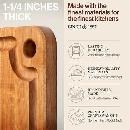 John Boos Prestige Series Rectangular Wooden Maple Cutting Board 22”x16” – 1.25” Thick, 13-lb Reversible Butcher Block with Juice Groove, Edge-Grain & Finger Grip Hole – Made in the USA - size: 22"L x 16"W
