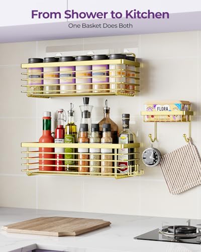 ODesign Shower Caddy Adhesive 3 Pack Stainless Steel Storage Shelves-Golden | No drilling wall mounted,rust-resistant,large capacity,quick drainage,easy to clean,suitable for bathrooms and kitchens - color: Golden