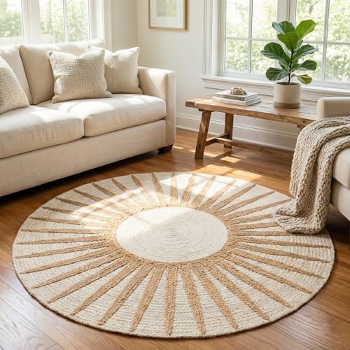 Restoration and Renovation Round Jute Rug – Handwoven Natural Fiber Accent Rug with Radiating Sunbeam Pattern, Boho Coastal Style for Living Room, Bedroom, or Entryway (Natural Beige, 8' Round) - color: Natural Beige, size: 8' (Round)