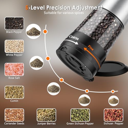 Rechargeable Electric Salt and Pepper Grinder Set with LED Light, 5-Level Adjustable Coarseness, 2-Speed Automatic Mills, 2 x 100ml Large Capacity, Black | Automatic Electric Salt and Pepper Shakers with Large Capacity, 2-Speed Setting, 5-Level Adjustable
