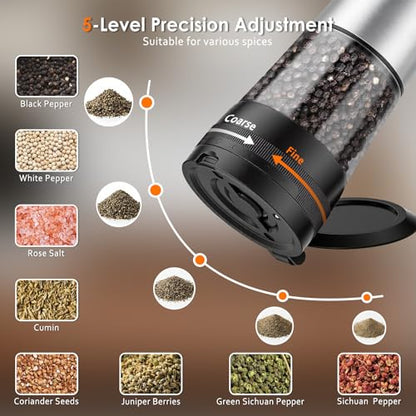Rechargeable Electric Salt and Pepper Grinder Set with LED Light, 5-Level Adjustable Coarseness, 2-Speed Automatic Mills, 2 x 100ml Large Capacity, Black | Automatic Electric Salt and Pepper Shakers with Large Capacity, 2-Speed Setting, 5-Level Adjustable