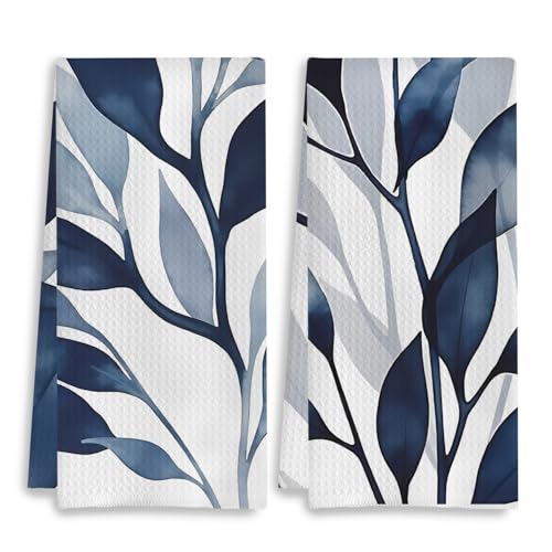 Boho Abstract Botanical Kitchen Towels, Modern Watercolor Navy Blue Leaf Plant Decorative Dish Tea Hand Towels for Kitchen Bathroom, 16x24 Inches Set of 2 - color: 22- Abstract Towels