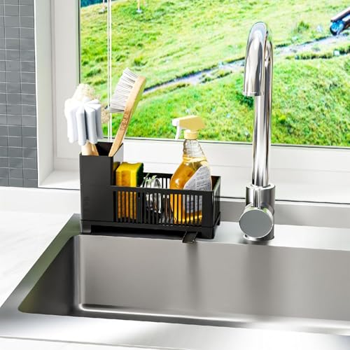Sink Caddy & Kitchen Sink Organizer,Black Sponge Holder with High Scrub Brush Holder,Plastic Kitchen Countertop Organizer,Multifunctional Sponge Drain Rack,Dish Soap,Dish Sponge Holder,Soap Dispenser - color: Black