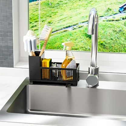 Sink Caddy & Kitchen Sink Organizer,Black Sponge Holder with High Scrub Brush Holder,Plastic Kitchen Countertop Organizer,Multifunctional Sponge Drain Rack,Dish Soap,Dish Sponge Holder,Soap Dispenser - color: Black