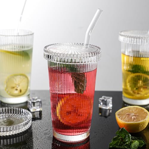 Drinking Glasses Set of 4,Ribbed Cocktail Glasses Set,Origami Style Water Glass Cups with Lids,Straws and 2 Straw Brushes for Iced Coffee, Juice,Smoothie