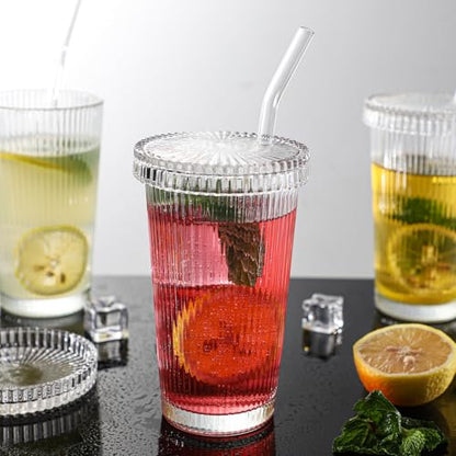 Drinking Glasses Set of 4,Ribbed Cocktail Glasses Set,Origami Style Water Glass Cups with Lids,Straws and 2 Straw Brushes for Iced Coffee, Juice,Smoothie
