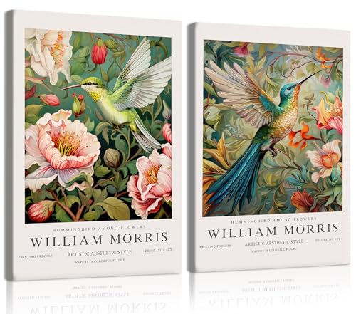 EEYNAQQ William Morris Hummingbird Wall Art, 2-Piece Floral Canvas Painting, Botanical Bird Pattern Wall Decor for Living Room Bedroom Dining Room, 12x16 Inches Ready to Hang - color: Flowers and birds, size: 12x16 Inches