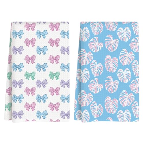 Summer Kitchen Towels, Summer Kitchen Bathroom Decor, Housewarming Gifts, Monstera Leaf Bow Waffle Decorative Dish Hand Towel for Seasonal Holiday Bathroom Home Bar Baking Set of 2 14x24 Inch - color: Monstera Leaf Bow