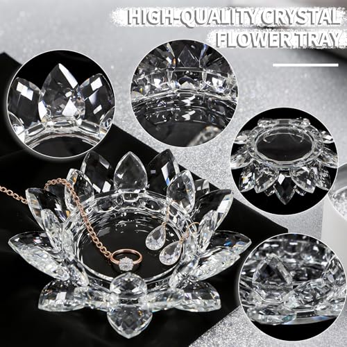 Crystal Flower Jewelry Tray, Luxury Transparent Decorative Trinket Dish for Rings, Earrings, Necklaces, Keys for Vanity Dresser Nightstand, Elegant Gift for Women Mother's Day (1, 6.3"(W) - Clear) - size: 6.3"(W) - Clear