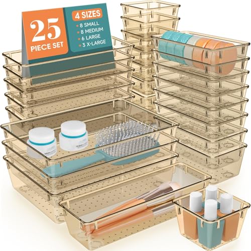 25 PCS Drawer Organizer Set, 5 Size Bathroom and kitchen organizer Trays | Bathroom and kitchen Drawer cabinet organizer Trays, Clear Storage Bins for Makeup, Jewelry, Utensils and Gadgets - color: Champagne, size: 25 PCS