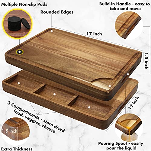 Large Acacia Wood Cutting Board for Kitchen 17x12x1.5 with 3 Compartments, Handles & Juice Groove, Non-Slip Mats, Thick Heavy Duty Butcher Block Charcuterie Board (Gift Box Included) - size: 17"L x 12"W