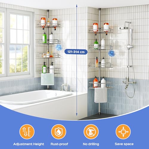 HAMITOR Shower Caddy Tension Pole: 4-Tier Corner Rustproof Bathroom Organizer - No-Drill Adjustable Shower Shelf for Renters - Floor to Ceiling Family Apartment Storage Rack - 47-121 Inch Silver Gray