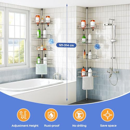 HAMITOR Shower Caddy Tension Pole: 4-Tier Corner Rustproof Bathroom Organizer - No-Drill Adjustable Shower Shelf for Renters - Floor to Ceiling Family Apartment Storage Rack - 47-121 Inch Silver Gray