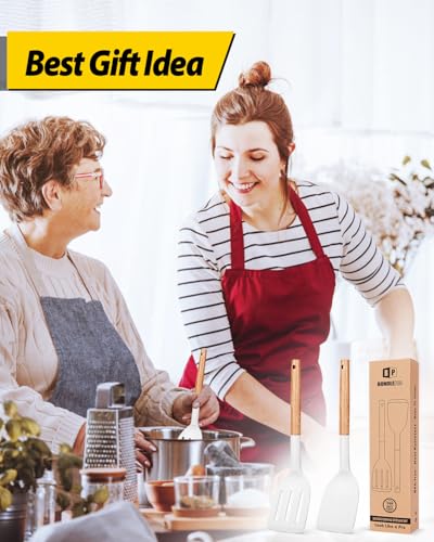 Pack of 2 Silicone Cooking Spatula, Heat Resistant Solid Turner, Non Stick Slotted Spatulas with Wooden Handle,Ideal Wood Kitchen Utensils Set for Frying, Baking, Flipping, Turning (WHITE) - color: White