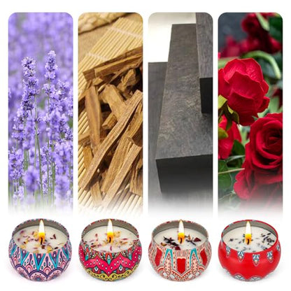 Anvaya Living Scented Candle Gift Set Features 4 Luxurious fragrances – Sandalwood, Rose, Lavender, and Oud. The Perfect Candle Gift for Christmas, Birthdays, Weddings, housewarmings and spa.