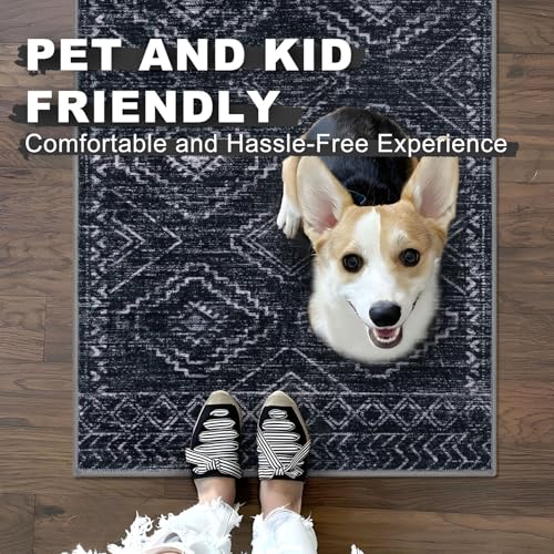 KILOCOCO Washable Runner Rug 2x5 ft Hallway Runners, Blue-Black | Non Slip Runner Rug, Printed Kitchen Runner Rug, Low-Pile Entryway Runners, Soft Geometric Rugs for Bedroom Hall Living Room - color: Black/Navy/White, size: 2' x 5' (Runner)