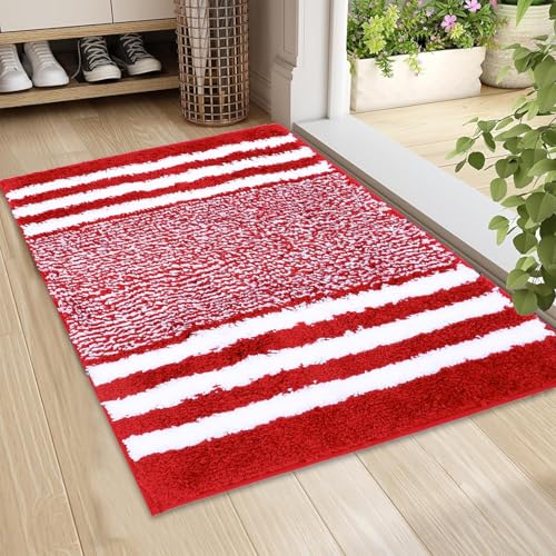Red Bath Rug Mat Non Slip,Stripe Floor Doormat,20"x32" | Small Area Rug,Throw Rugs,Rubber Backed,Soft microfiber,Machine Washable,Bathroom,Entryway,Kitchen,Bedroom - color: Red4