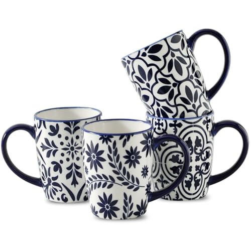 HASENSE 15OZ Coffee Mugs, Ceramic Coffee Mugs Set of 4 with Handle, Coffee Cups Ceramic with Blue and White Floral Patterns, Porcelain Mug Set for Coffee, Tea,Suitable for Home, Office, Vintage Blue
