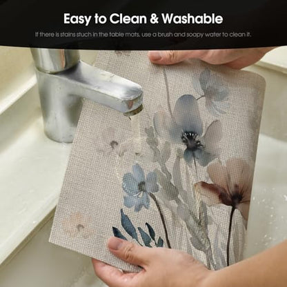 Artoid Mode Brown Poppy Floral Vinyl Spring Placemats Set of 6, Wipeable Plastic Woven PVC Table Mats for Party Kitchen Dining Decor, 12x18 Inch - size: 12" x 18", Rectangular Set of 6