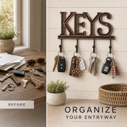 Comfify Copper-Black Cast Iron Key Holder for Wall – Keys Sign with 4 Hooks | Warm copper and black antique finish; mounting hardware included; entryway, hallway or door; 6"H x 8"L; holds 8 keychains - color: Copper with Black